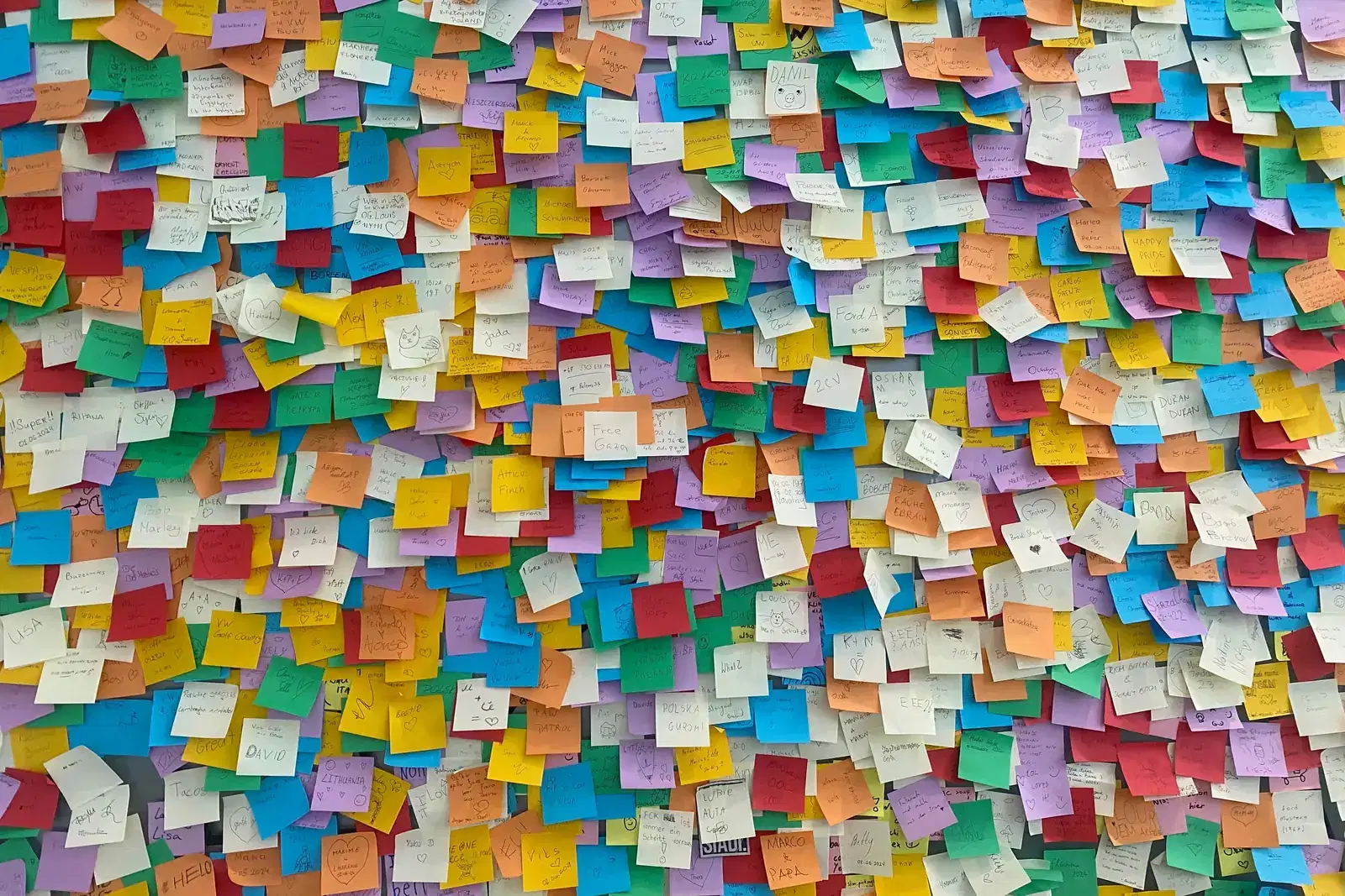 Wall covered in colourful sticky notes and reminders, like the invisible load of family planning and household tasks