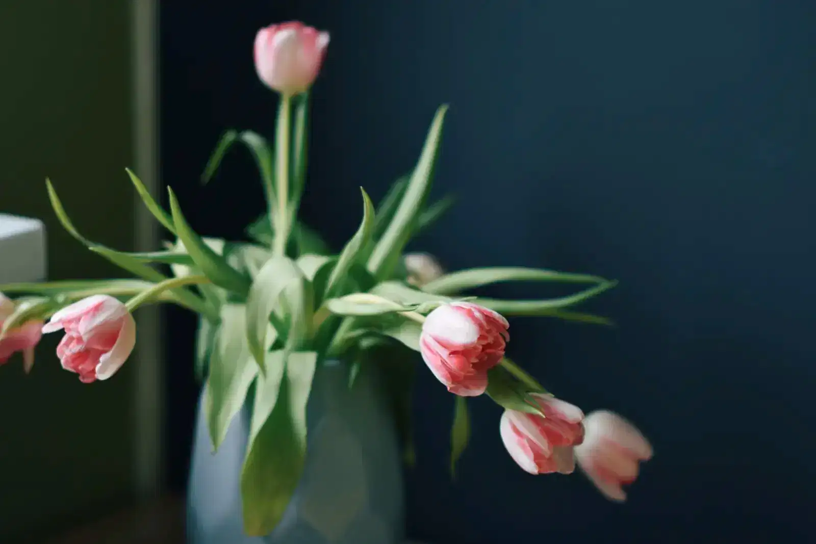 Pink tulips drooping from a vase in soft light, a picture of mom burnout and the exhaustion, stress and feelings many mothers carry for their family