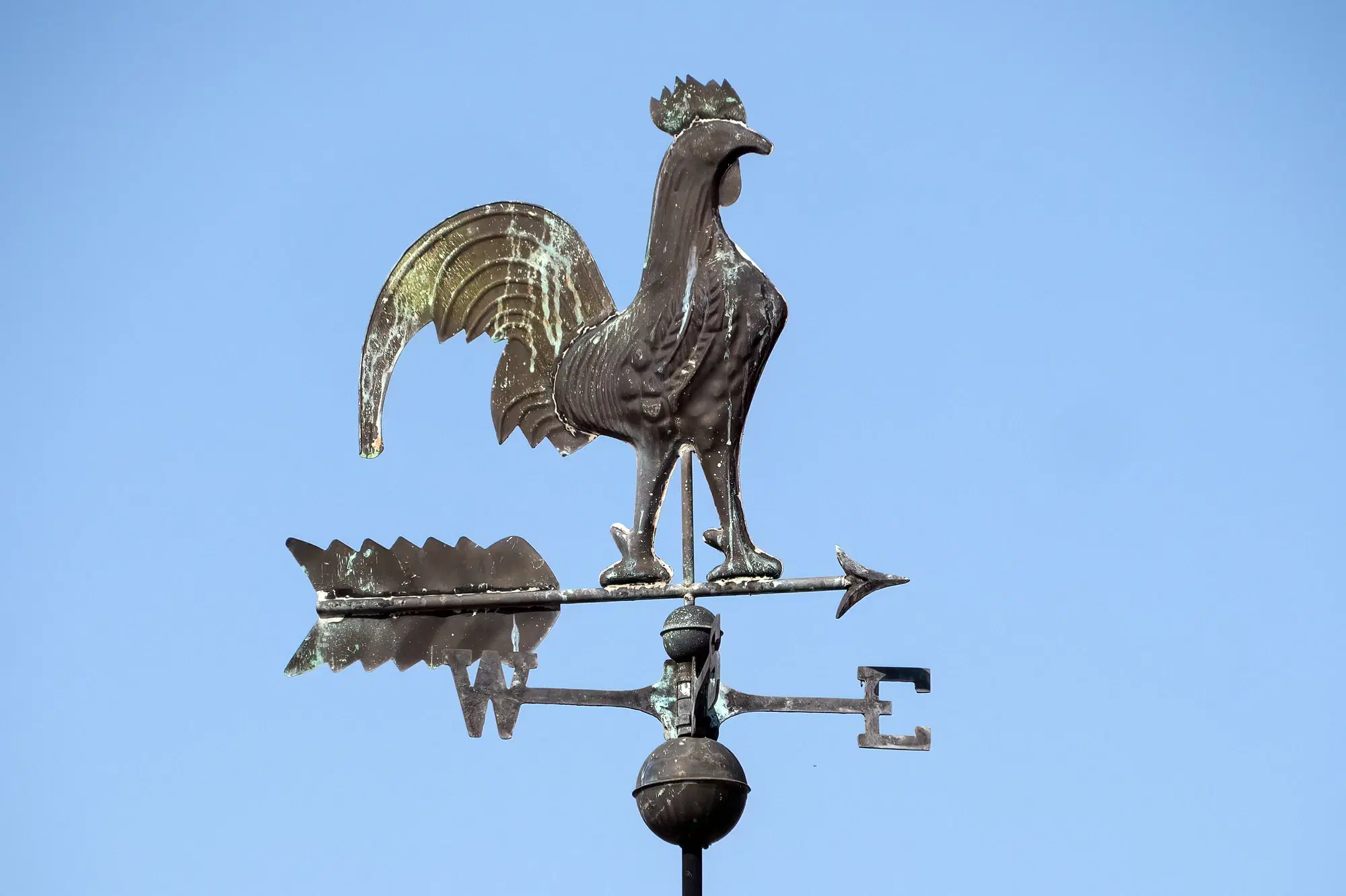 A rooster weathervane turning against a clear blue sky, like the signs of a codependent relationship, where your emotions, needs and boundaries shift with a partner's mood.