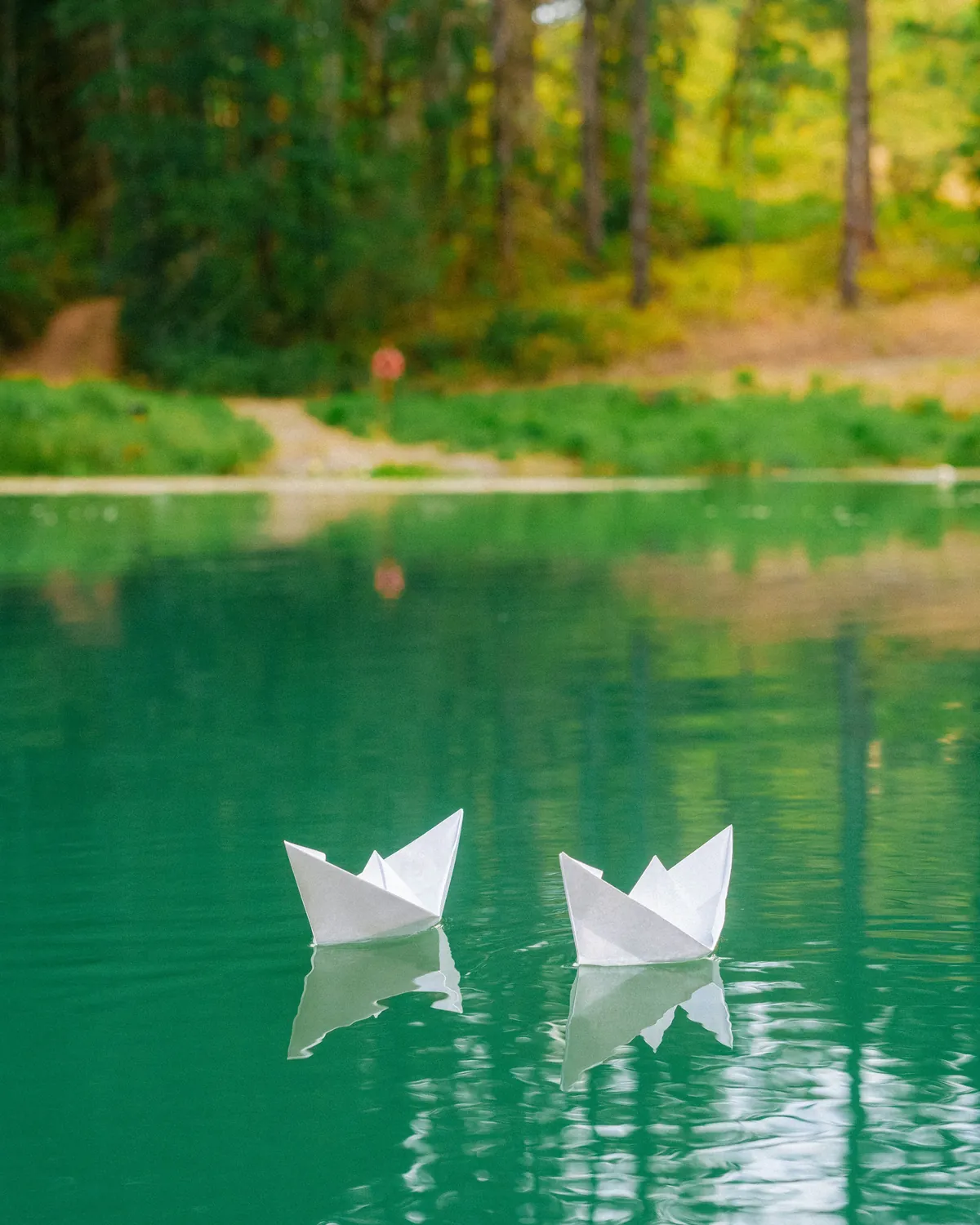 Two white paper boats floating close together on still green water