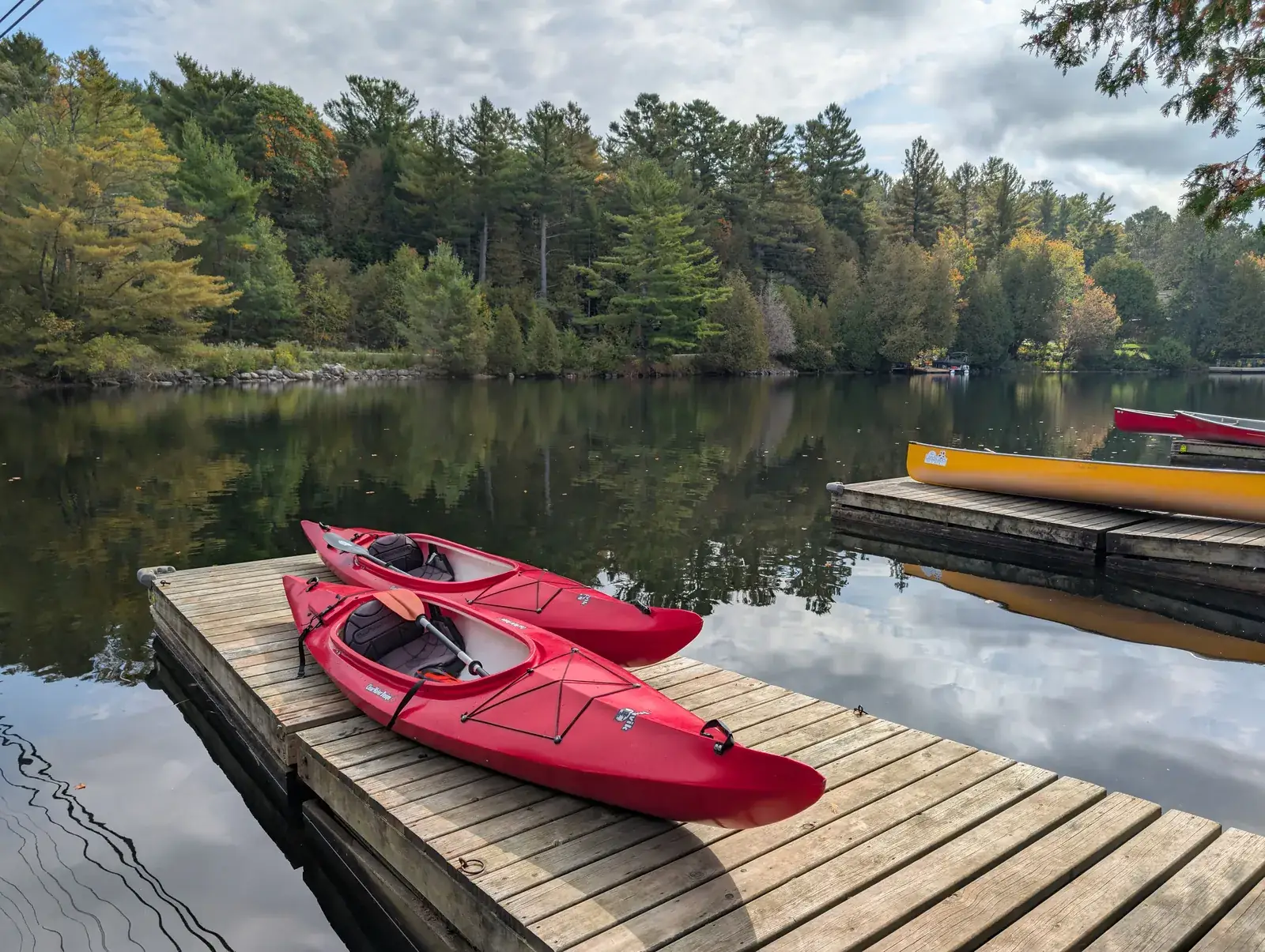 Two red kayaks resting side by side on a wooden dock by a calm forest lake, an image for relationship therapy